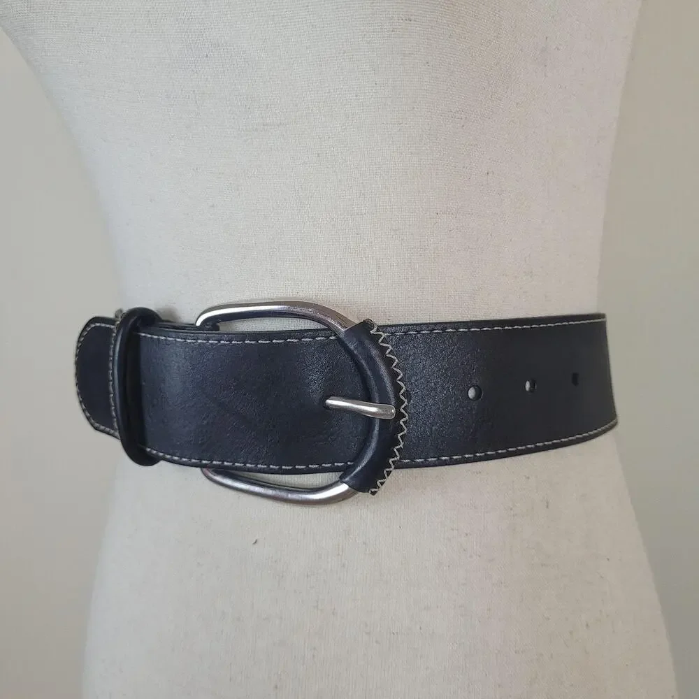 Talbots Belt Medium Black Leather Contrast Stitch Silver Buckle Boho Equestrian